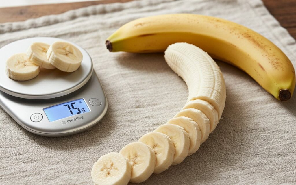 Reife Bananen, eine geschält und geschnitten, mit Küchenwaage