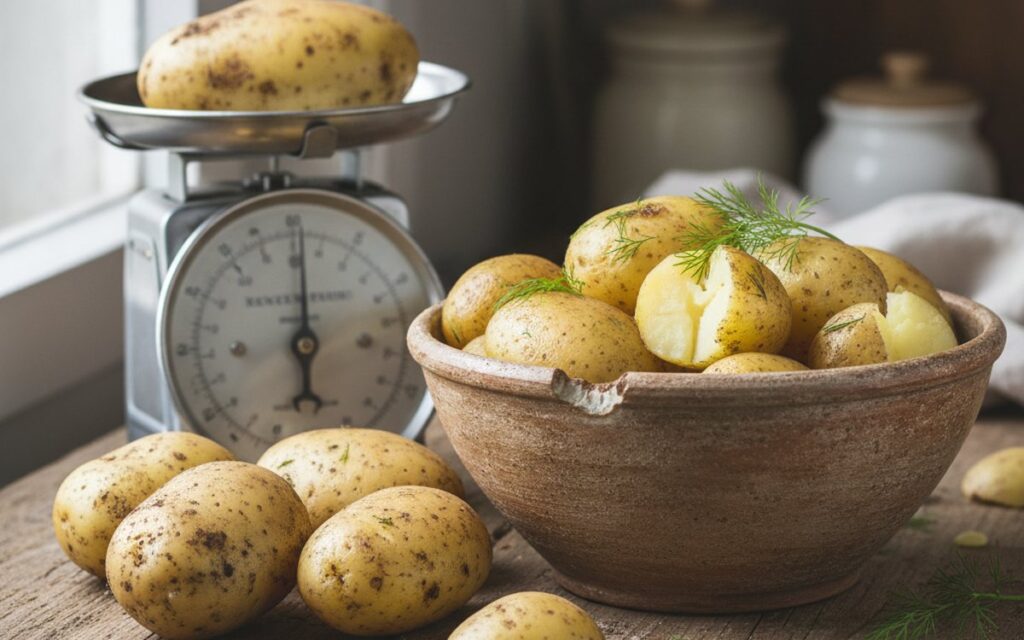 Gekochte Kartoffeln in einer Schale neben rohen Kartoffeln und Küchenwaage