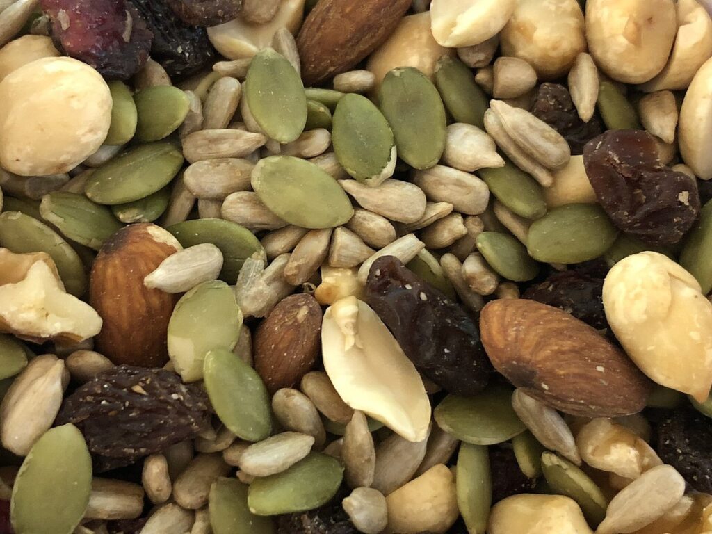 2021-01-06 12 15 43 Cranberry trail mix with cranberries, peanuts, raisins, walnuts, almonds, sunflower seeds,