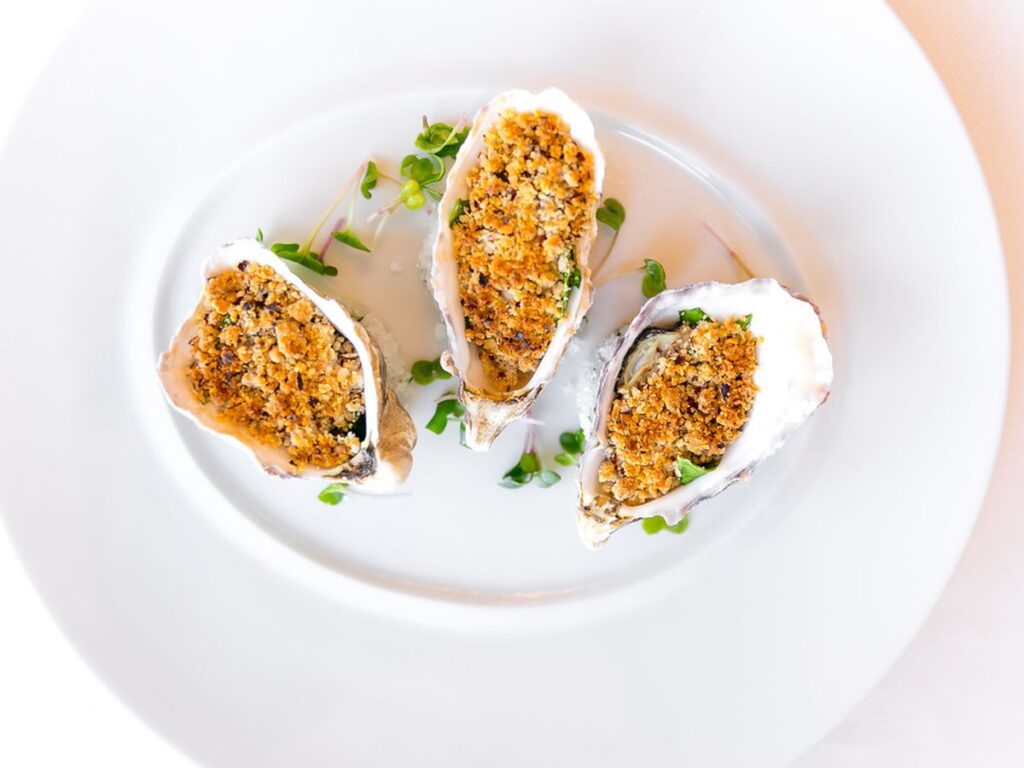 Warm Gillardeau Oysters, Young Spinach Leave and Hazlenut Crumble